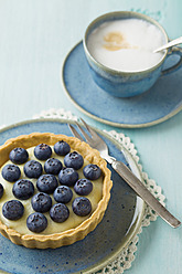 Heidelbeerkuchen mit Vanillepudding und Cappuccino auf dem Tisch - ECF000019