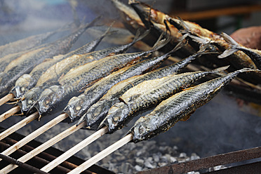 Deutschland, Bayern, Nahaufnahme von gegrilltem Fisch auf Spießen am Starnberger See - SIEF002798