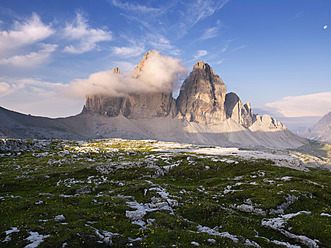 Europe, Italy, View of Tre Cime di Lavaredo at sunrise - BSCF000119