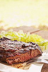 Grilled beef rib eye steak with salad on silverware plate - ABAF000159