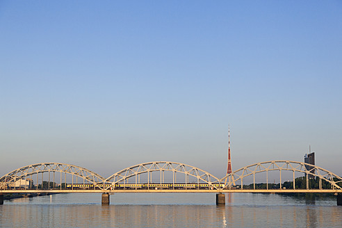 Latvia, Riga, railway bridge crossing Daugava River - MSF002688