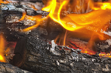 USA, Texas, Close up of oak wood fire in barbecue pit - ABAF000186