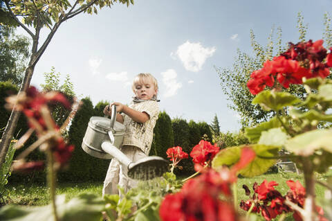 Deutschland, Bayern, Junge beim Gießen von Gartenblumen, lizenzfreies Stockfoto