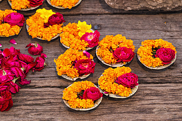 India, Uttar Pradesh, Leaf bowls with flowers and oil lamp for Aarti at Ganges river - FOF004159