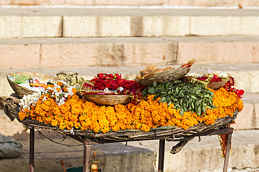 India, Uttar Pradesh, Banaras, Flower stall at River Ganges - FOF004195
