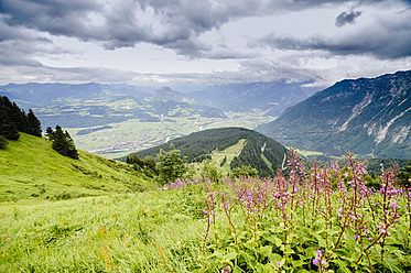 Deutschland, Bayern, Blick auf Tal mit Alpen - MJF000095