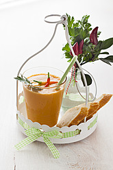 Glas Gazpacho mit Chilis, Brot und Petersilie auf dem Tablett - ECF000088