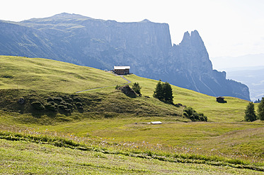 Italien, Blick auf Seiser Alm, Schlern und Santner Spitze im Hintergrund in Südtirol - UMF000408