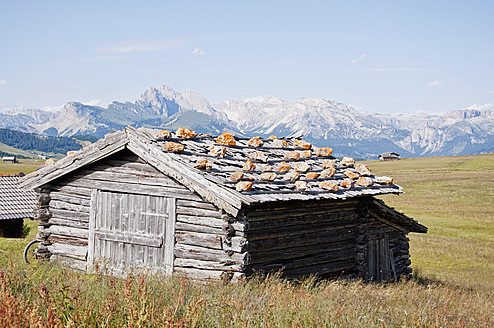 Italien, Blick auf eine Hütte auf der Seiser Alm in Südtirol - UMF000401