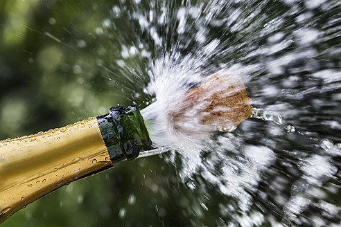 Geöffnete Champagnerflasche mit fliegendem Korken - EJWF000097