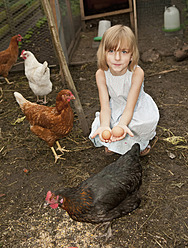 Deutschland, Brandenburg, Mädchen hält Eier auf Hühnerhof - BFRF000014