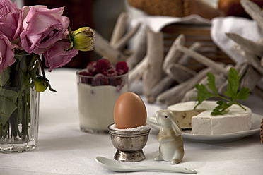 Teller mit Camembert-Käse und Ei, im Hintergrund ein Glas mit Himbeeren und Sahne - KRF000024
