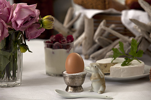 Teller mit Camembert-Käse und Ei, im Hintergrund ein Glas mit Himbeeren und Sahne - KRF000024