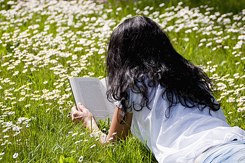 Deutschland, Bayern, Mittlere erwachsene Frau liest Buch auf Wiese, Gänseblümchen im Hintergrund - UMF000458