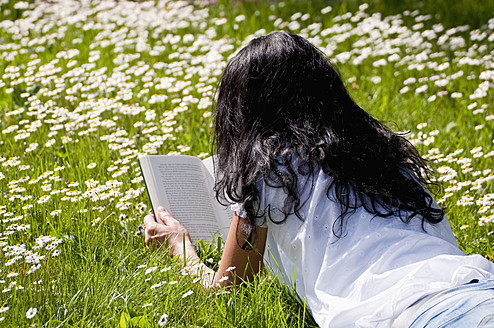 Germany, Bavaria, Mid adult woman reading book in meadow, daisy flowers in background - UMF000458