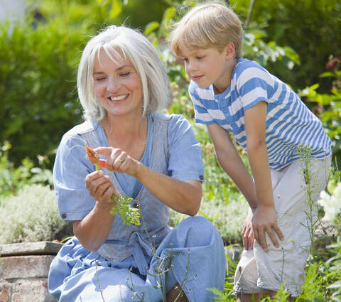 Deutschland, Bayern, Ältere Frau und Junge begutachten Karotten im Garten, lizenzfreies Stockfoto