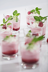 Glasses of yogurt with raspberries and mint leaves - RFMYF000025