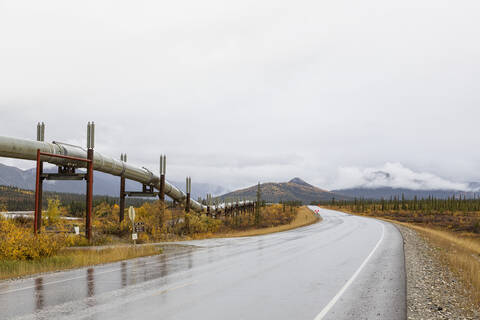 USA, Alaska, Blick auf das Trans-Alaska-Pipelinesystem entlang des Dalton Highway im Herbst, lizenzfreies Stockfoto