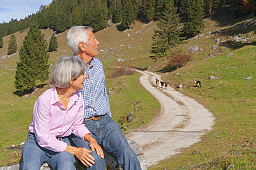 Deutschland, Bayern, Seniorenpaar auf Bergwanderung am Wendelstein - TCF002989