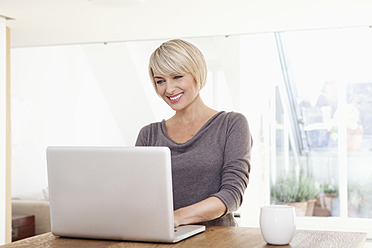 Germany, Bavaria, Munich, Woman using laptop, smiling - RBYF000245