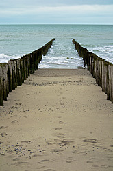 Niederlande, Zeeland, Blick auf den Nordseestrand mit Holzpfeiler - MHF000009