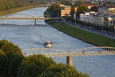 Austria, Salzburg, View of Salzach River, Mozartsteg Bridge and Karolinenbrucke Bridge - SIEF002987