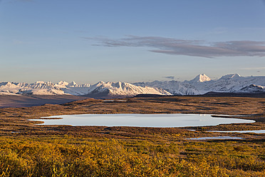 USA, Alaska, Blick auf eine Landschaft im Herbst, Alaska Range im Hintergrund - FOF004457