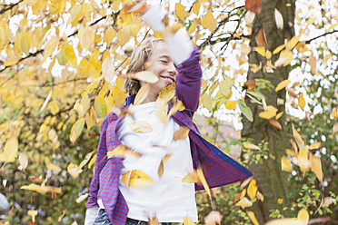 Germany, Leipzig, Boy playing under autume tree - BMF000618