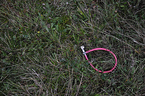 Deutschland, Bayern, Rosa Fahrradschloss auf Feld - AXF000361