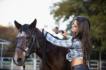 USA, Texas, Cowgirl bürstet Pferd - ABAF000444