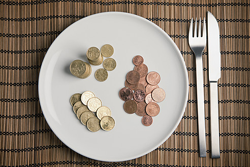 Studio, Euro coins on a plate with cuttlery - FLF000143