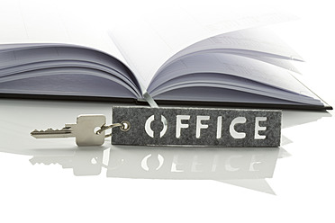 Close up of office key and appointment book on white background - MAEF005349