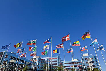 Luxemburg, europäische Flaggen und Parlamentsgebäude im Hintergrund - WDF001375