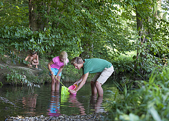 Austria, Friends with fishing net in stream - WWF002738