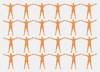Männer in orangefarbenen Zentai stehen auf weißem Hintergrund - TCF003123