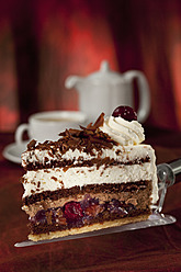 Slice of black forest cake on cake server, cup of coffee in background - CSF016198