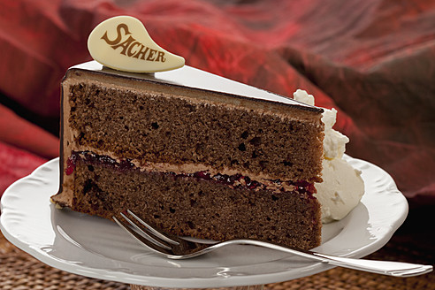 Slice of Sachertorte on plate, close up - CSF016291