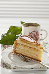 Teller mit Milano Cake und Tasse Kaffee im Hintergrund, Nahaufnahme - CSF016318