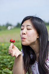 Deutschland, Bayern, Junge Japanerin isst Erdbeere auf einem Feld - FLF000215