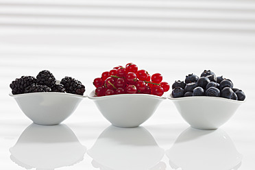 Currants, cherries and blue berries in bowls on white background, close up - CSF016495