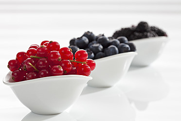 Currants, cherries and blue berries in bowls on white background, close up - CSF016496