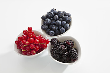 Currants, cherries and blue berries in bowls on white background, close up - CSF016497