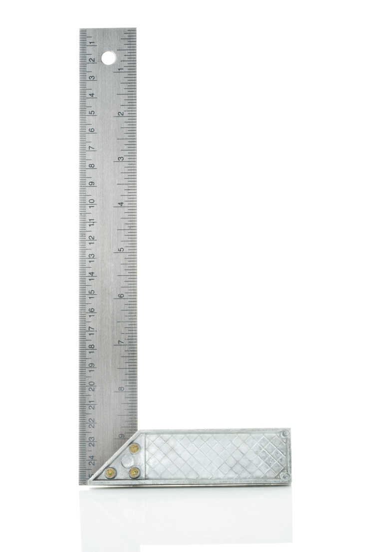 Right angle ruler on whtie background, close up stock photo
