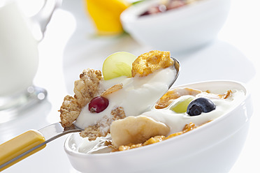 Löffel Joghurt mit Cornflakes und Früchten vor weißem Hintergrund, Nahaufnahme - CSF016578