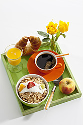 Schale mit Müsli, Joghurt und Obst mit Kaffeetasse, Tulpe und Croissant - CSF016594