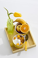 Tasse Cornflakes mit Joghurt, Schale mit Früchten auf Holztablett - CSF016602