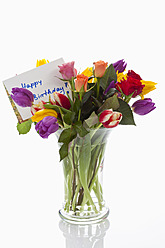 Vielzahl von Blumen in Vase mit Geburtstagskarte auf weißem Hintergrund, Nahaufnahme - CSF016608