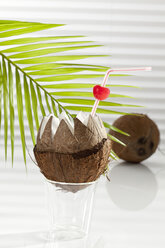 Kokosnuss mit Trinkhalm, Kirsche und Palmblatt im Hintergrund, Nahaufnahme - CSF016652