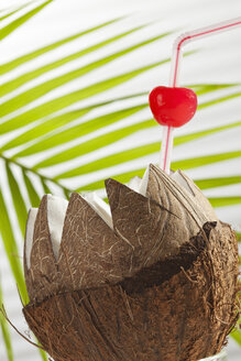 Coconut with drinking straw, cherry and palm leaf in background, close up - CSF016653