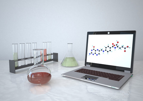 3d-Illustration eines Laptops mit Laborausrüstung, lizenzfreies Stockfoto